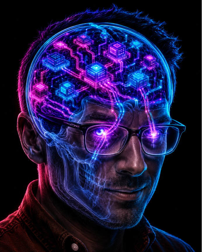 Portrait d'un homme à lunettes, crâne semi-transparent laissant apparaître un cerveau numérique illuminé, composé de micros processeurs interconnectés par des circuits lumineux.